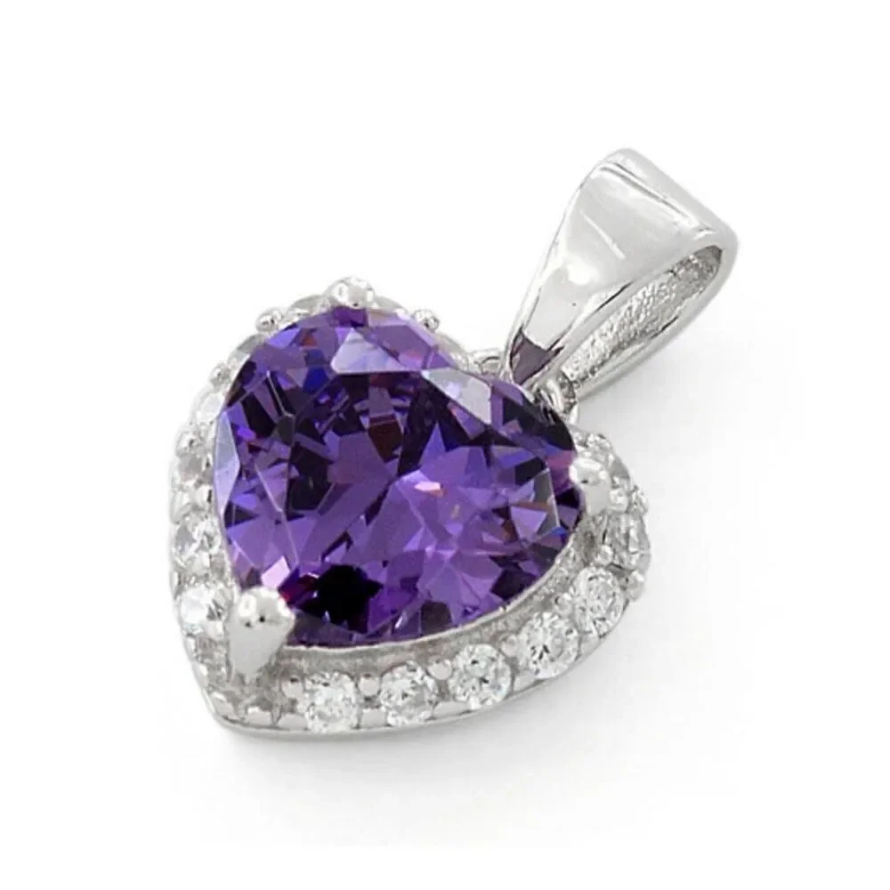 New Sterling Silver Heart Shape Amethyst CZ Pendant Charm Necklace